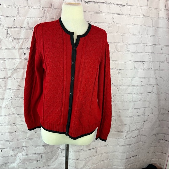 country casuals Sweaters - vtg country casuals Red wool blend Cardigan Black Trim womens L preppy office